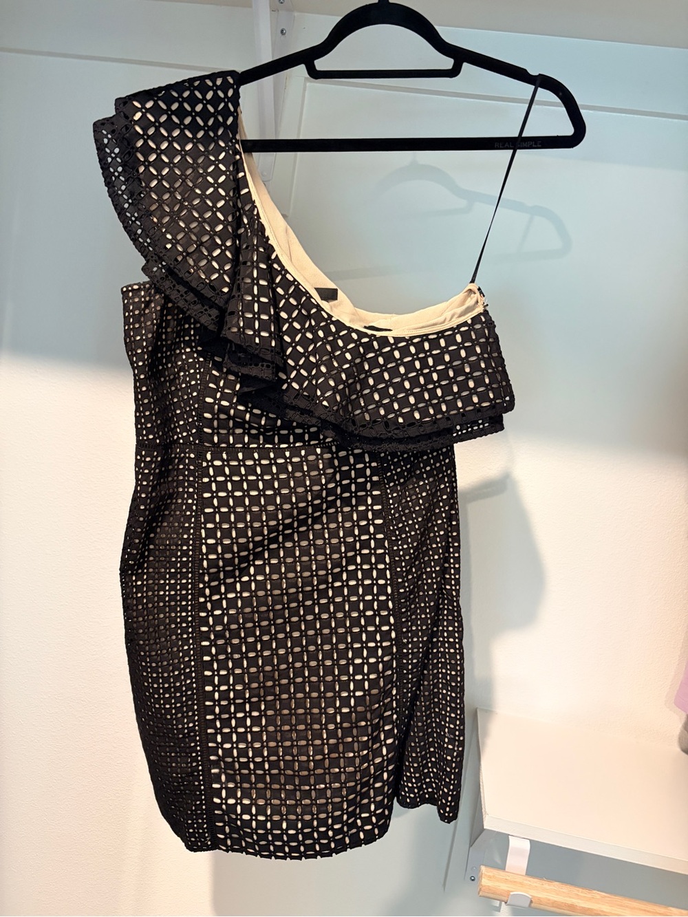 J. Crew Black Eyelet One-Shoulder Ruffle Dress with Cream Lining